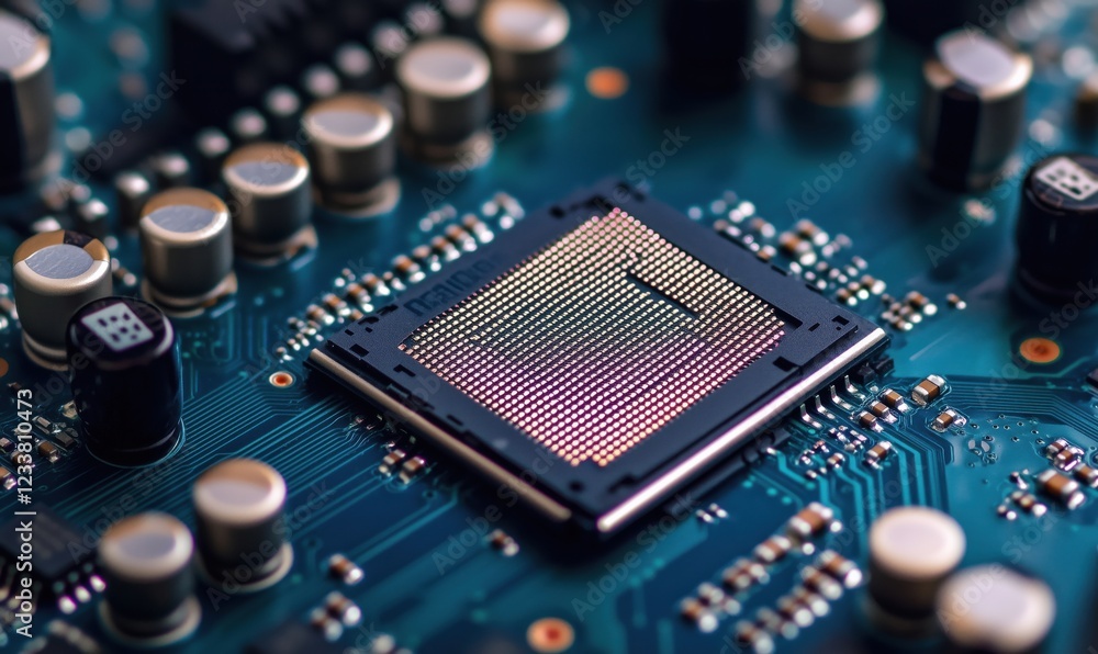 Poster microprocessor on circuit board with colorful pins and capacitors, high-tech electronics close-up