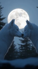 Naklejka premium two white wolf standing in front of full moon