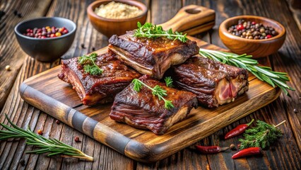 Fototapeta premium Slow-cooked beef short ribs on a wooden board with various herbs and spices