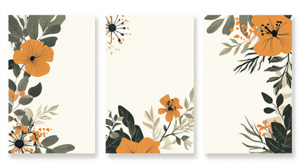 Abstract nature art card template collection. Collection of posters with mountain landscape. Minimalistic art with leaves, sun and hills. 