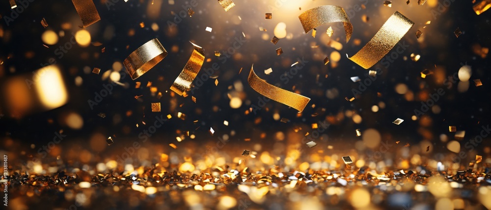 Poster golden confetti and ribbon falling on a dark background with bokeh lights creating a festive mood