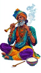 Elderly Man Playing Flute While Enjoying Rice