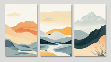 Three minimalist botanical art prints with abstract leaves in muted tones, art canvases frame on wallpaper