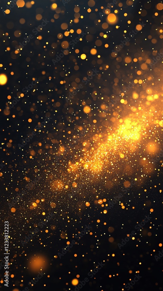 Poster golden bokeh light particles on dark background with a bright cluster of glowing elements