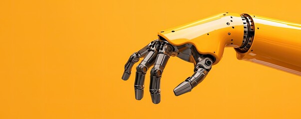 A robotic hand with a sleek design of metallic and yellow components against a vibrant orange background.