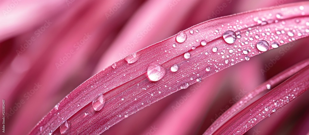 Poster droplets of water on pink grass blades with soft focus and copy space for text placement