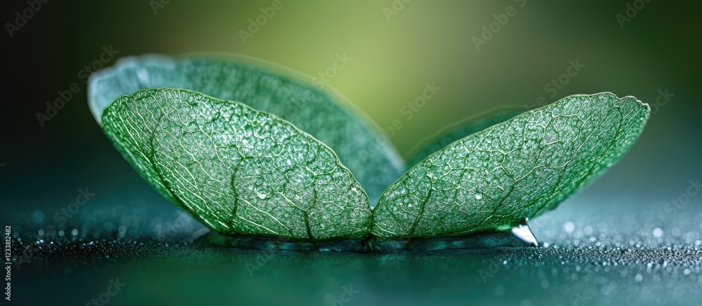 Poster macro close-up of green leaves with water droplets on a blurred background copy space