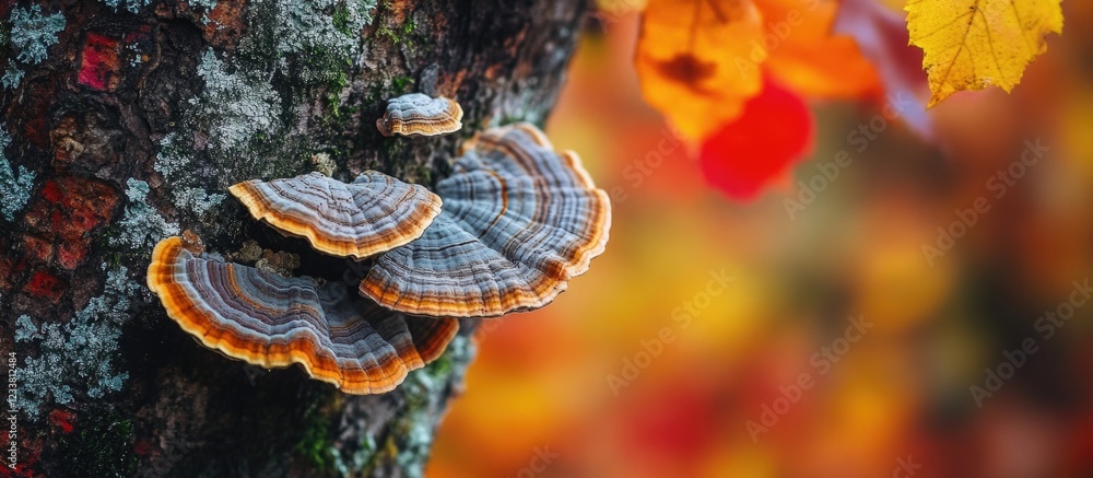 Poster Colorful bracket fungi growing on a textured tree trunk with autumn leaves in the background and Copy Space for text placement.