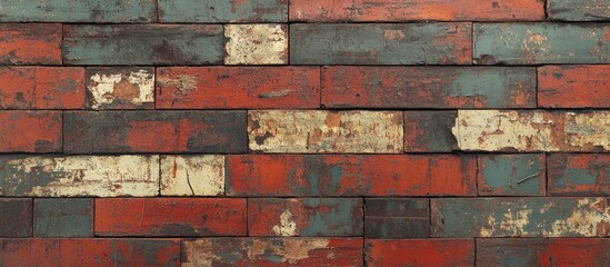 Fototapeta premium Colorful weathered wooden planks with peeling paint textures in shades of red blue and white with copy space for text