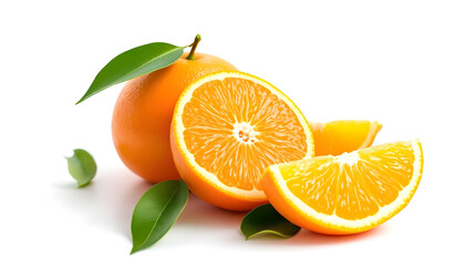 A close-up of a whole orange with two juicy slices arranged beside it. The image captures the rich, natural texture of the orange peel and the vibrant, translucent flesh of the slices. Green leaves ad