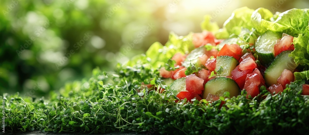 Poster fresh vegetable salad with chopped tomatoes and cucumbers resting on a bed of green lettuce with blu