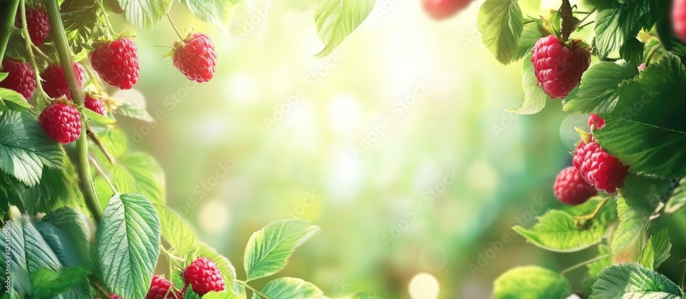 Poster ripe raspberries on vine with lush green leaves and soft sunlight creating a natural background with