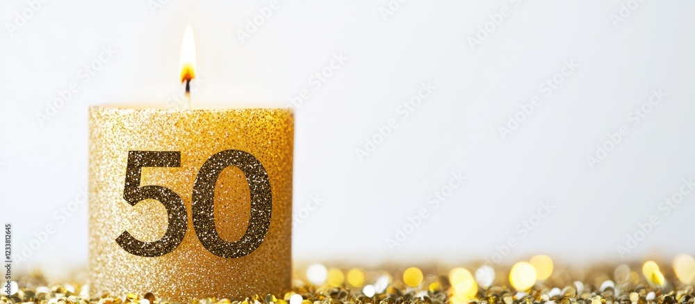 Poster Golden number 50 candle with flame on light background surrounded by glitter with copy space for text