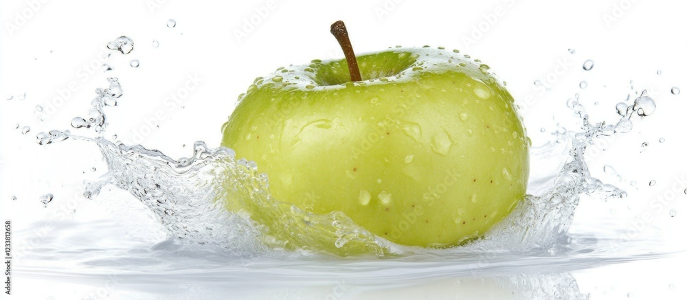 Poster fresh green apple splashing in water with droplets and white background copy space