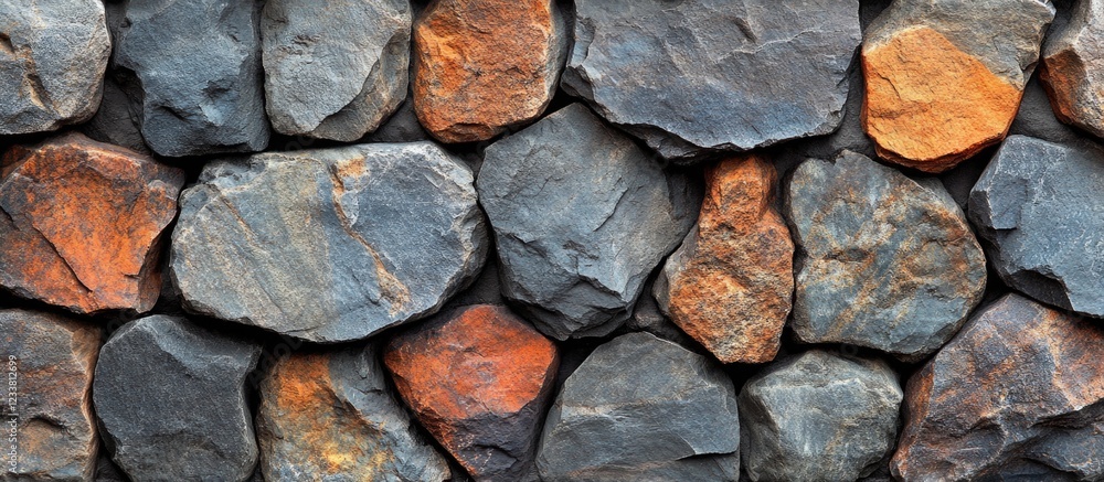 Poster Colorful textured stone wall background with various sizes of rocks arranged closely together with Copy Space.