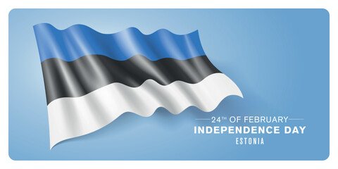 Estonia independence day vector banner, greeting card. Estonian wavy flag in 24th of February patriotic holiday horizontal design with realistic flag