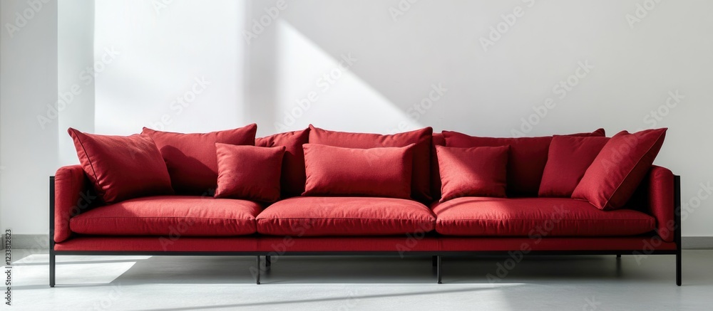 Poster modern red fabric sofa with multiple cushions against a bright minimalist wall interior and ample co