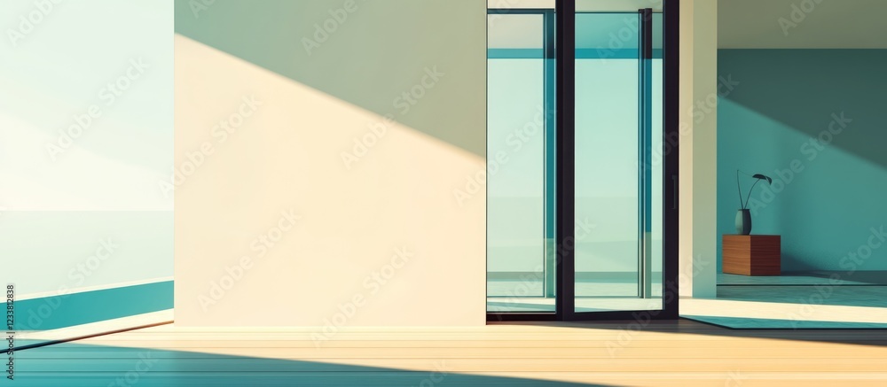 Poster modern interior space with large windows and minimalistic design featuring natural light and wooden 