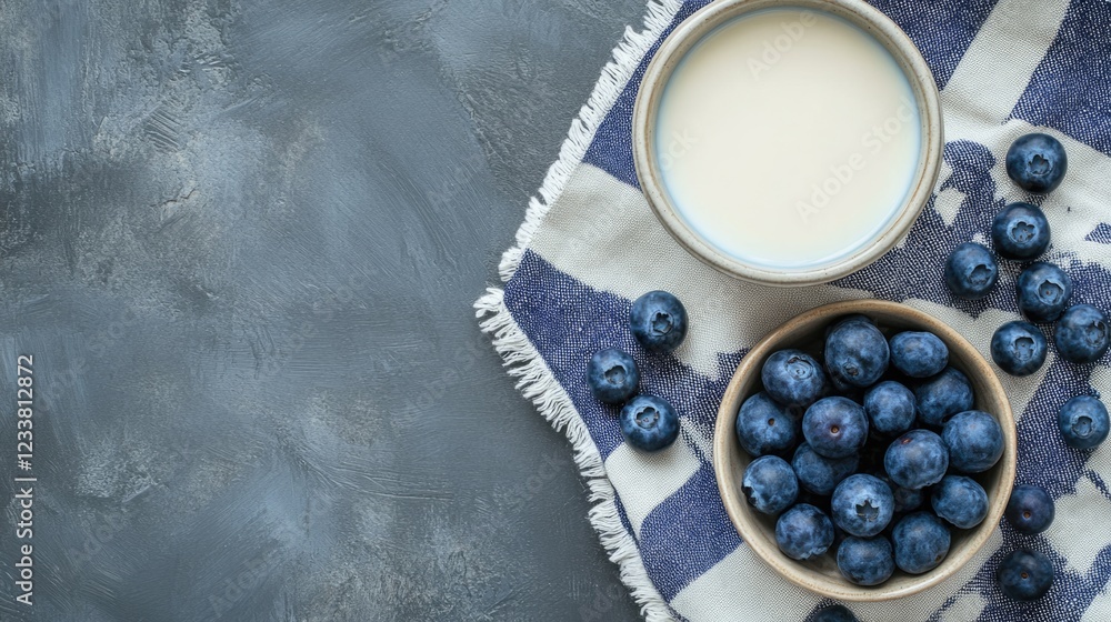 Poster blueberries in a bowl with cream on a checkered cloth against a gray background copy space