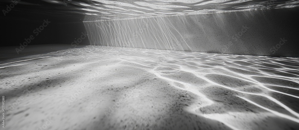Poster underwater landscape with light rays and patterns on the sand in black and white copy space