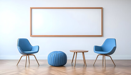 Gourmet food flat lay. Modern blue chairs and round pouf in minimalist room