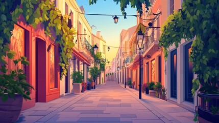 Obraz premium Sunrise street, shops, plants, travel, Mediterranean, illustration, tourism, vacation, calm, alley