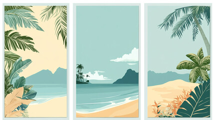Obraz premium Tropical Beach Scene Illustrations With Palm Trees, Ocean, and Mountains, Three-panel tropical beach illustration set with a modern abstract design, 