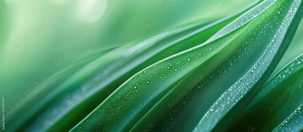 Poster Close-up of green leaves with water droplets creating a soft focused abstract pattern Copy Space
