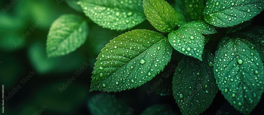 Aufkleber fresh green leaves with water droplets on a dark background providing copy space for text placement