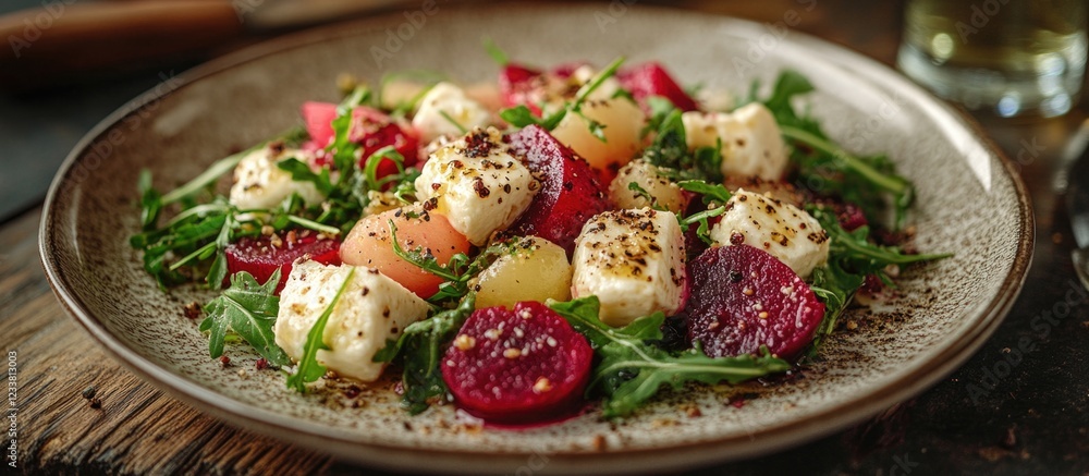 Poster colorful beetroot and mozzarella salad with fresh arugula and herbs on rustic wooden table with copy