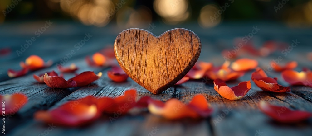 Aufkleber wooden heart on weathered wooden surface surrounded by rose petals with blurred background and copy 