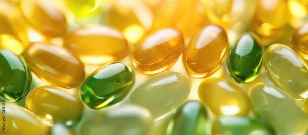 Aufkleber colorful gelatin capsules on a reflective surface with soft light highlighting their translucent qua