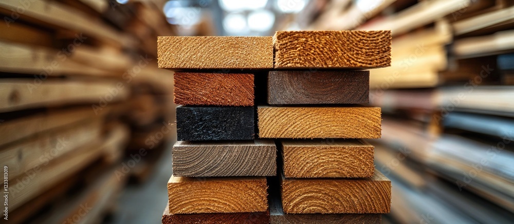 Poster wooden planks stacked in a lumber yard with blurred background showcasing various textures and color