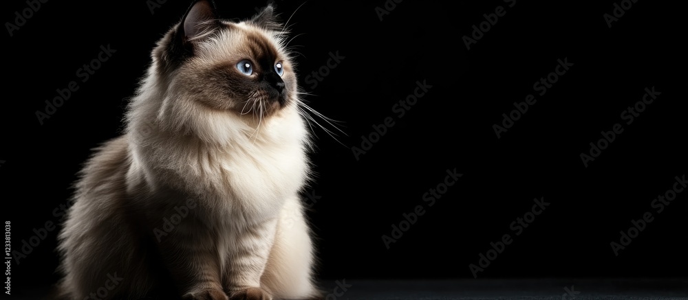 Poster Siamese cat portrait sitting against a black background with copy space for text