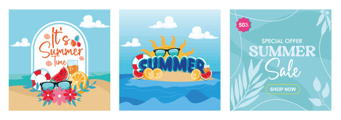 Colorful summer-themed designs featuring seasonal text, graphics, and offers.