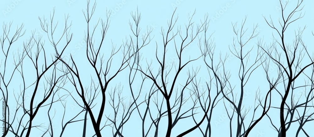 Poster black silhouette of bare trees against a light blue background with copy space for text placement
