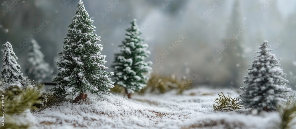 Poster Snow-covered pine trees in a forest setting with mist and soft lighting, featuring Copy Space for text placement.