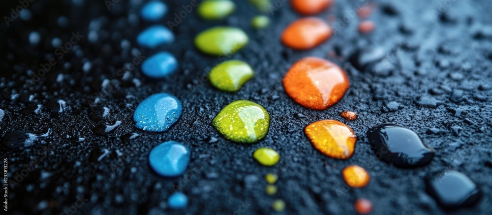 Poster Colorful water droplets on dark surface with textured background and Copy Space for text placement