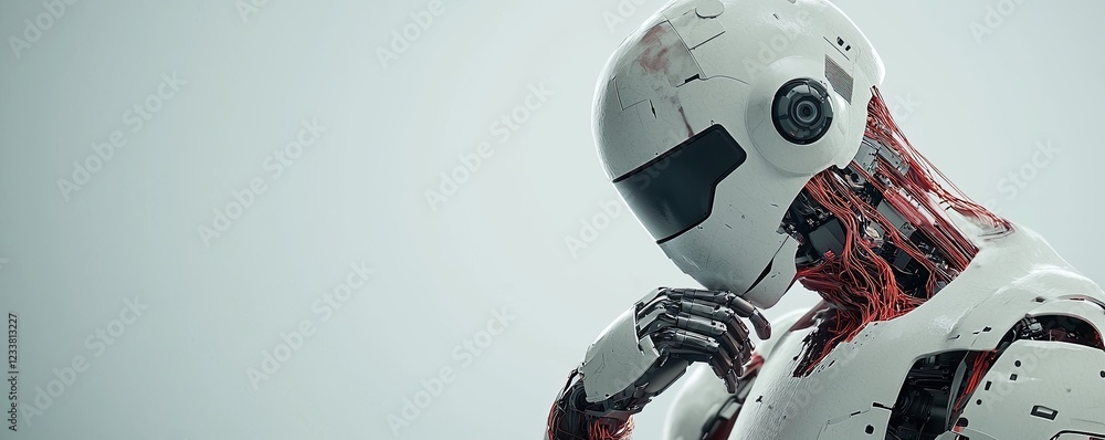 Poster a futuristic robot with a sleek design and visible internal mechanics, contemplating its existence i