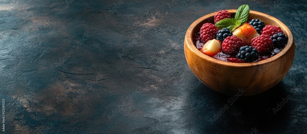 Poster bowl of mixed berries including raspberries blackberries and mint leaves on a dark textured backgrou