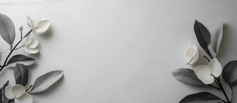 Aufkleber Elegant white and gray flower arrangement on a plain background with ample copy space for text placement