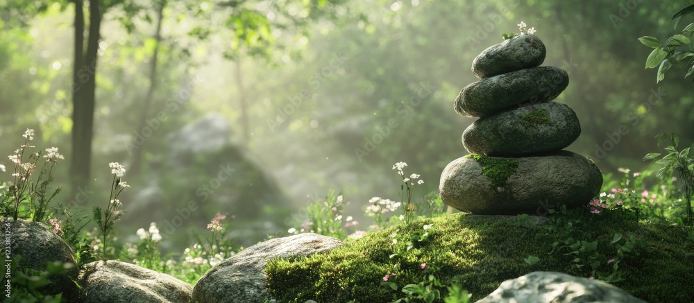 Poster stacked stones on a moss-covered rock surrounded by greenery and flowers in a sunlit forest with sof