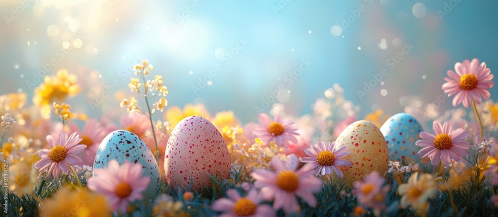 Aufkleber Colorful Easter eggs surrounded by blooming flowers in a vibrant spring setting with soft bokeh and copy space for text.
