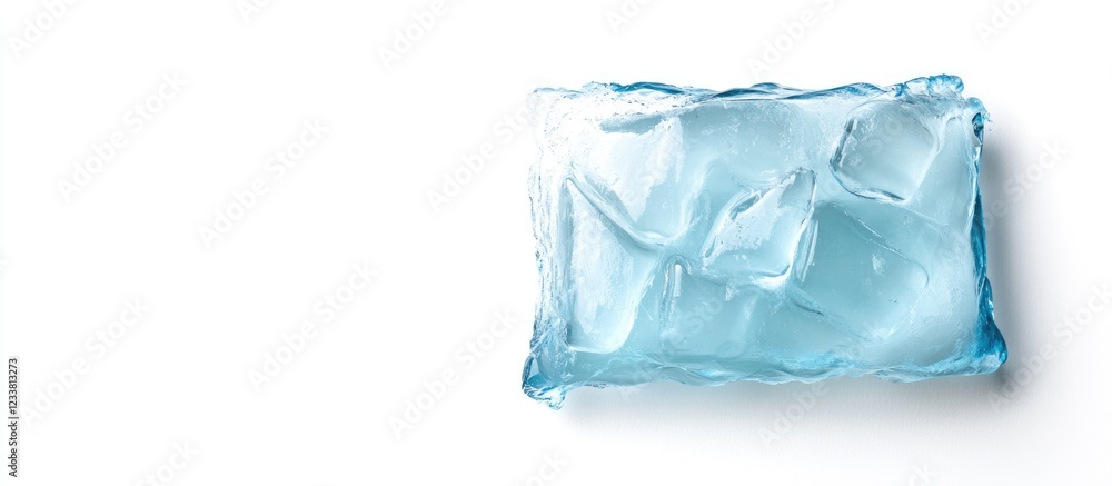 Poster clear ice cube with water droplets on white background copy space
