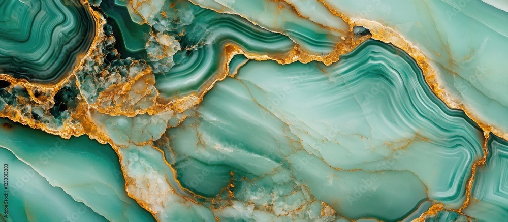 Poster abstract close-up of turquoise agate stone with natural patterns and golden veins copy space