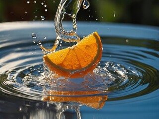 Fresh orange slices with a dynamic water splash, capturing the essence of citrus freshness and hydration. A vibrant and refreshing representation of nature’s energy.