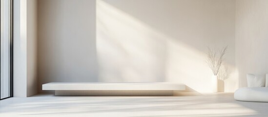 Modern minimalistic interior with natural light and neutral colors featuring a low platform, plants, and ample copy space.