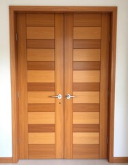 Symmetrical wooden double doors with alternating panel design and chrome handles