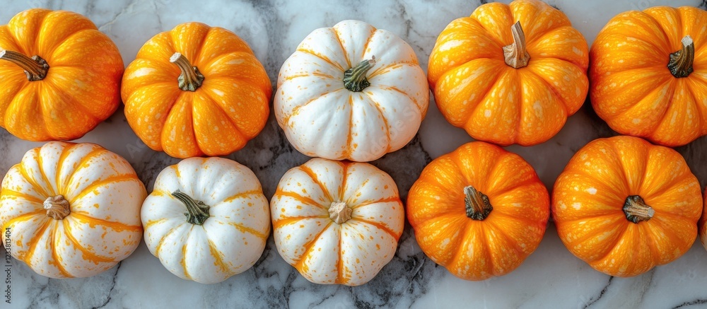 Poster colorful assortment of pumpkins including orange and white varieties arranged on a marble surface wi