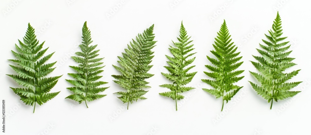 Poster Various green fern leaves arranged in a row on white background with Copy Space for text placement.